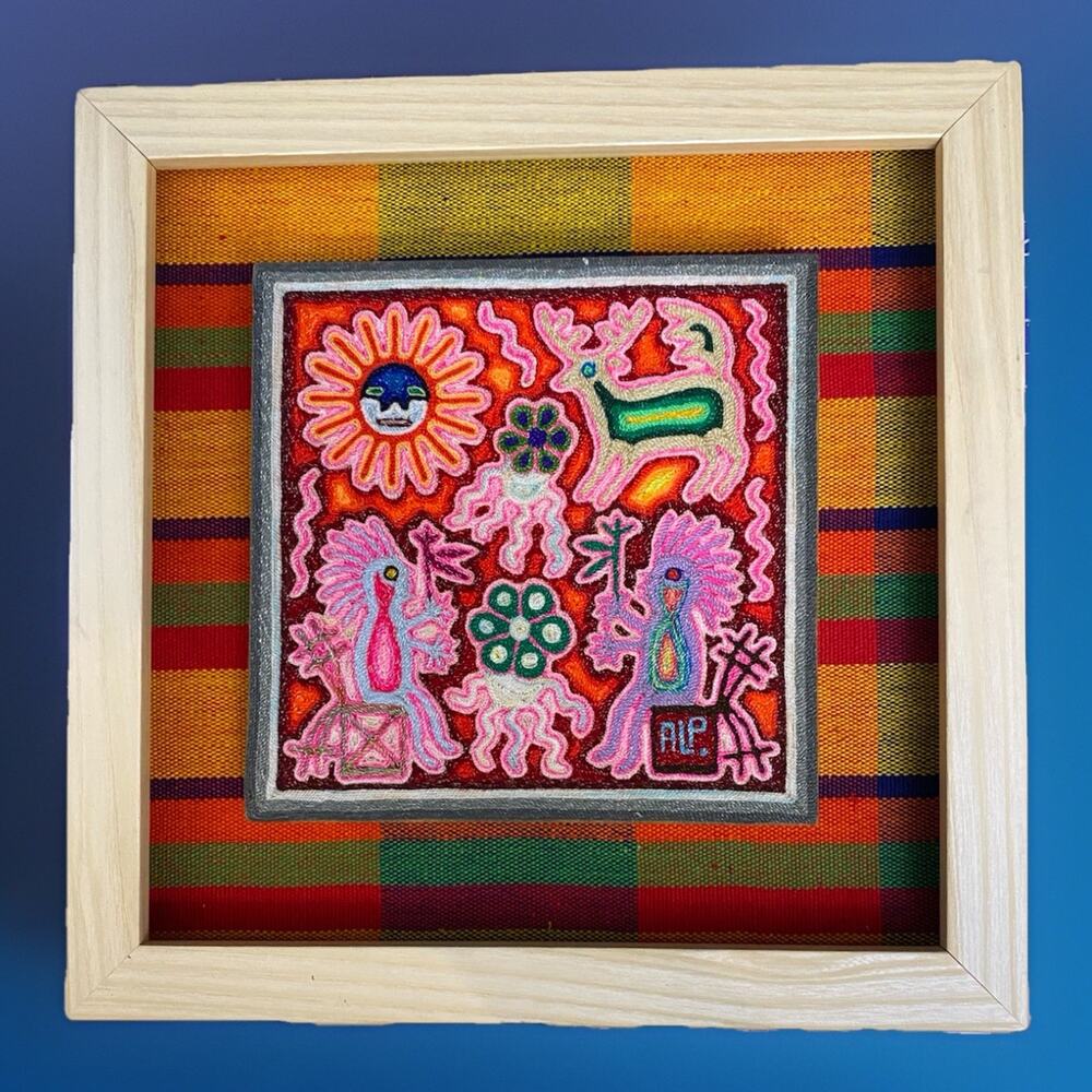 Vintage Handcrafted Huichol Original Mexican Folk Yarn Art Picture 13"x13" fram